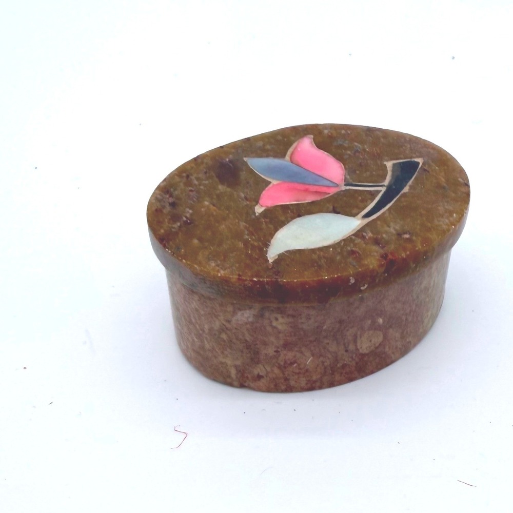 Vintage Soapstone Trinket Box Small Brown Floral Shell Inlay Oval 2"
